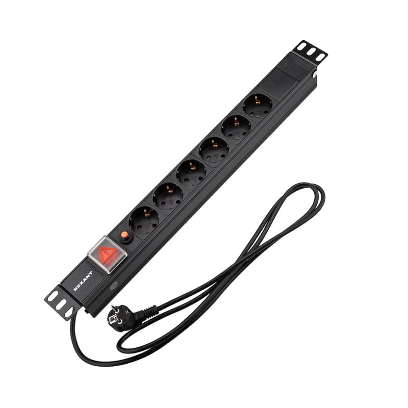 Блок розеток PDU горизонтальный 1U 6 розеток СЕЕ 7/4 Schuko 16A с выключателем шнур 2м вилка СЕЕ 7/7 Schuko черный