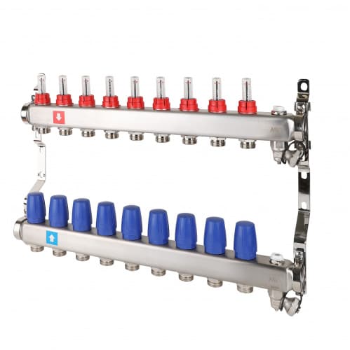 Коллекторная группа с расходомерами 1'x9 выходов 3/4' НР евроконус с дренажным краном и воздухоотводчиком