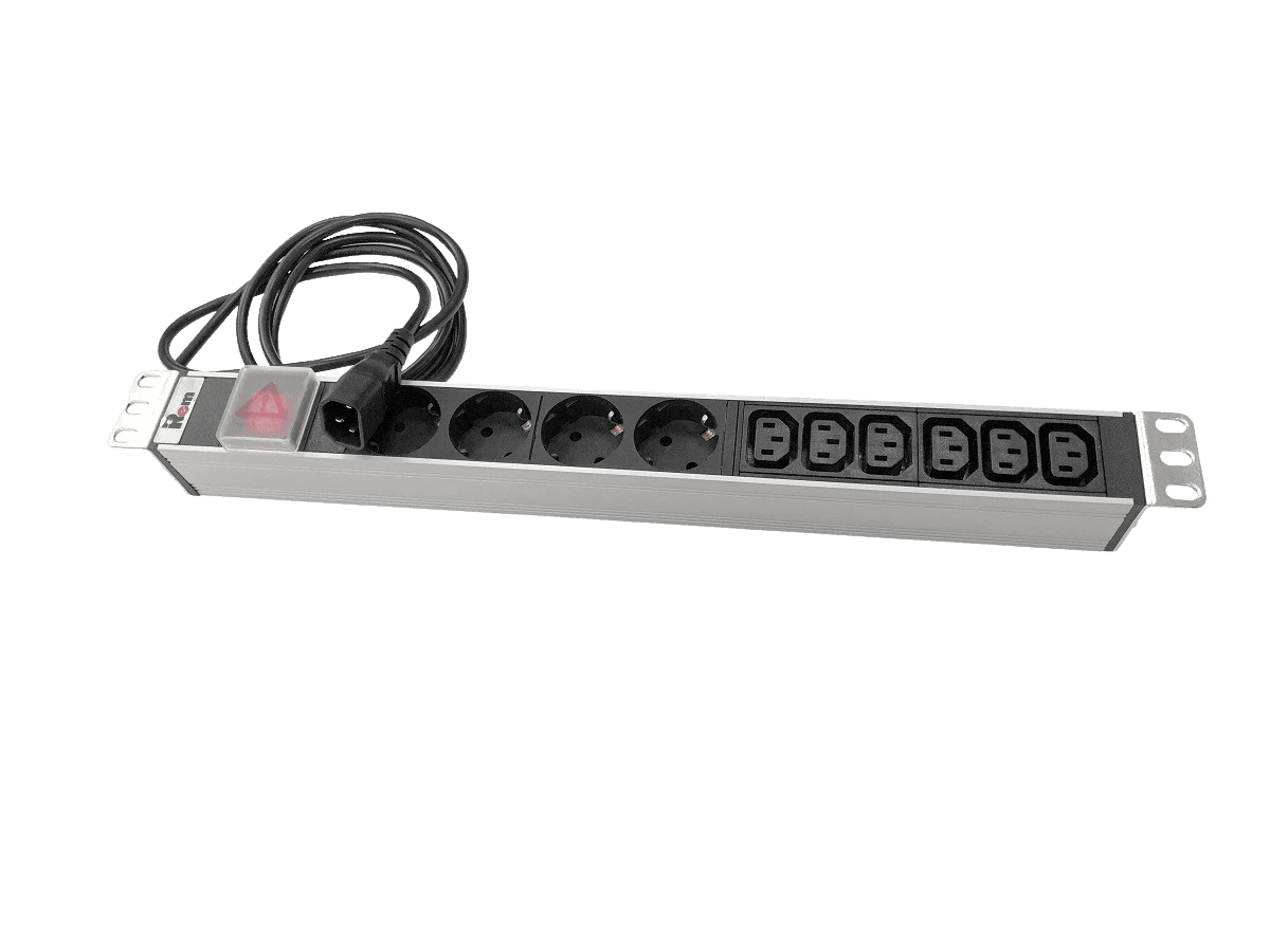 Блок розеток Rem-10 с выключателем, 4 Sсhuko, 6 IEC 60320 C13, 10 A, алюминиевый корпус, 19'', шнур 1,8 м. IEC 60320 C14