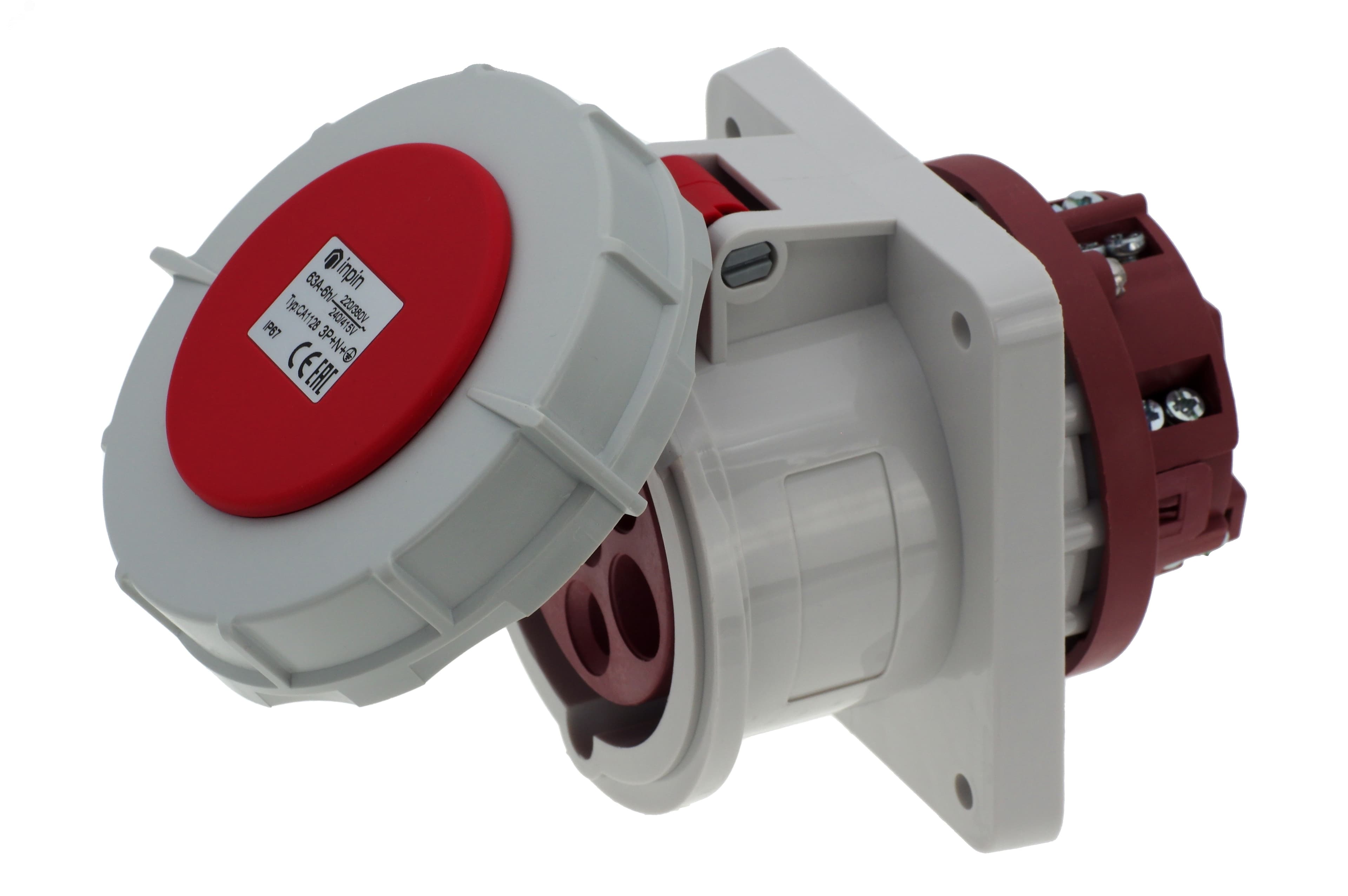 Розетка встраиваемая 63A/400V/3P+N+E/IP67, фланец 100x107