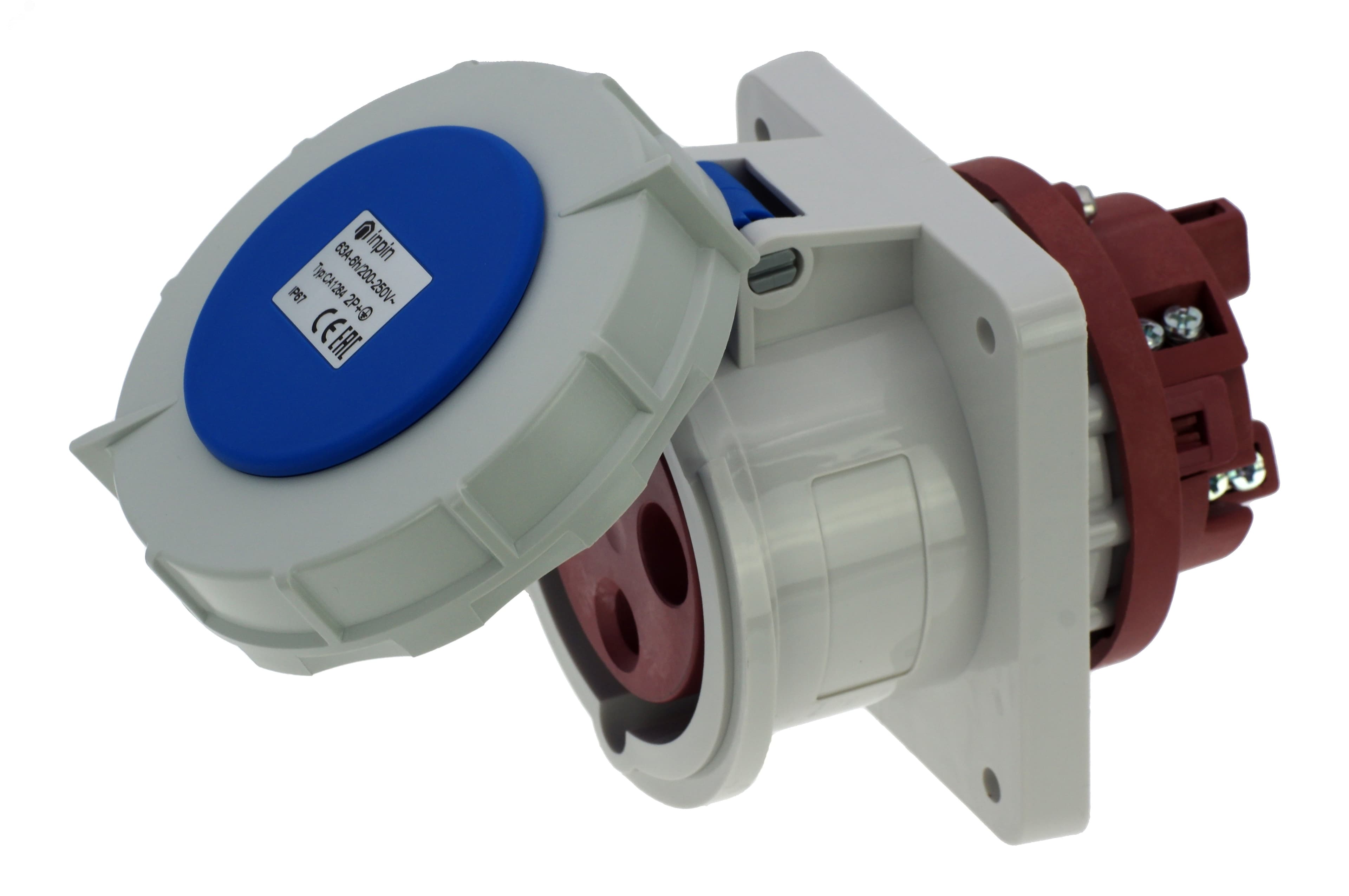 Розетка встраиваемая 63A/230V/1P+N+E/IP67, фланец 100x107