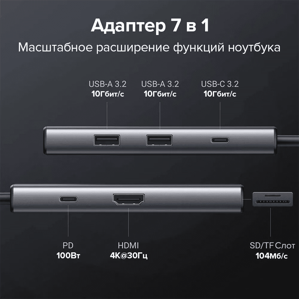Хаб USB (концентратор) CM498 Revodok Pro 7 в 1: 4Kх30Гц, HDMI, 2хUSB- A 3.2, USB-C 3.2, SD/TF, PD, серый