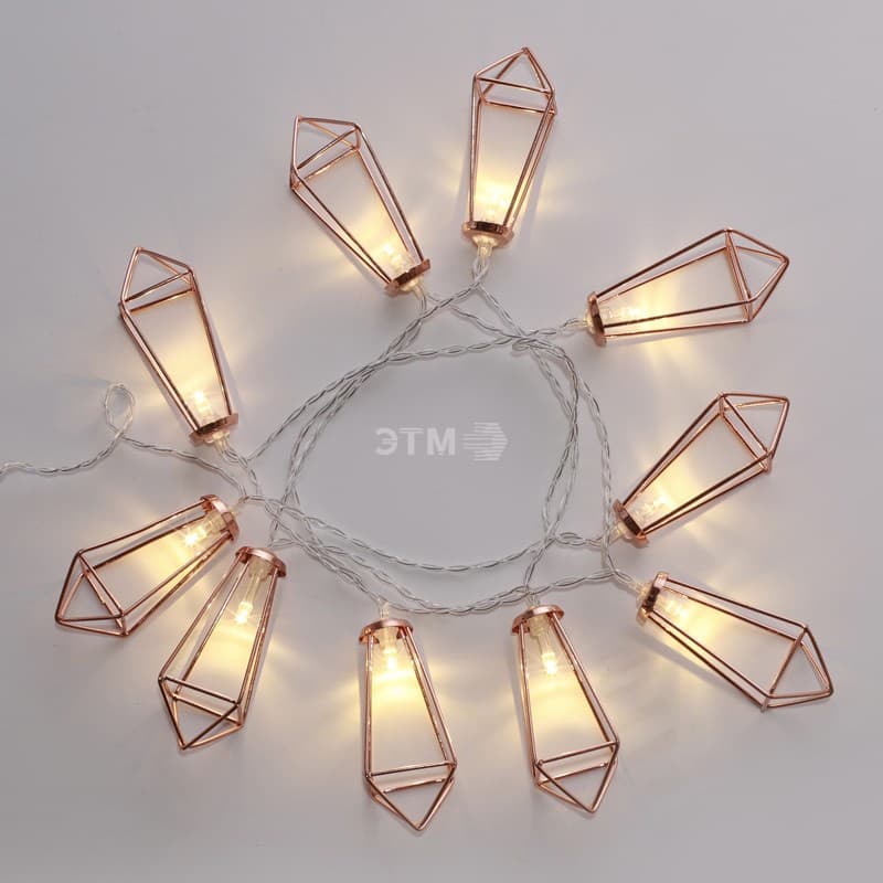 Гирлянда светодиодная кристаллы бронзовые 10 LED, 1,5 м, прозрачный ПВХ, теплый белый свет свечение, 2 х АА батарейки не в комплекте