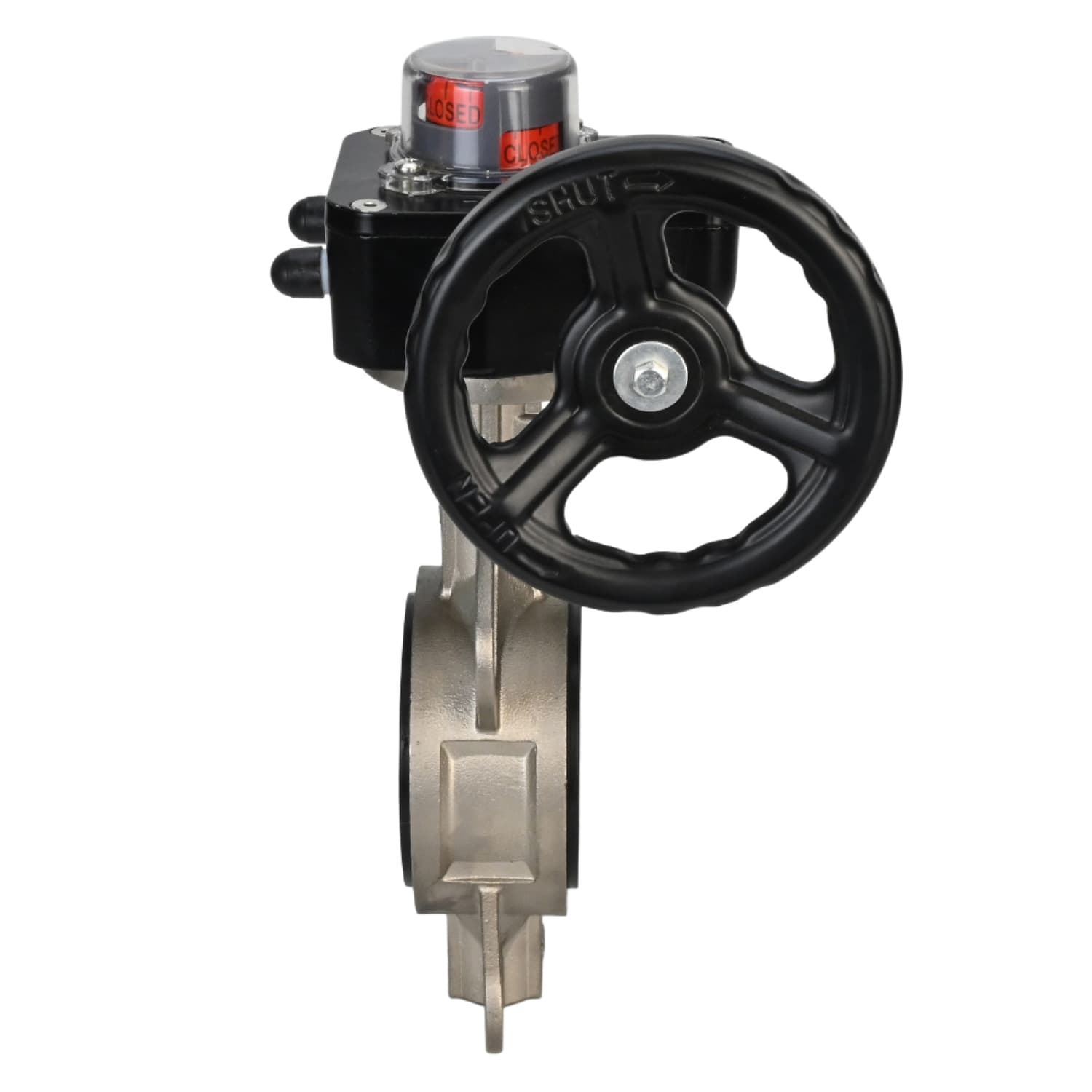 Затвор дисковый поворотный 316L-316L-VITON Ду150 Ру16 корпус и диск нержавеющая сталь 316L, уплотнение Viton, с редуктором HGB-1 с индикатором положения