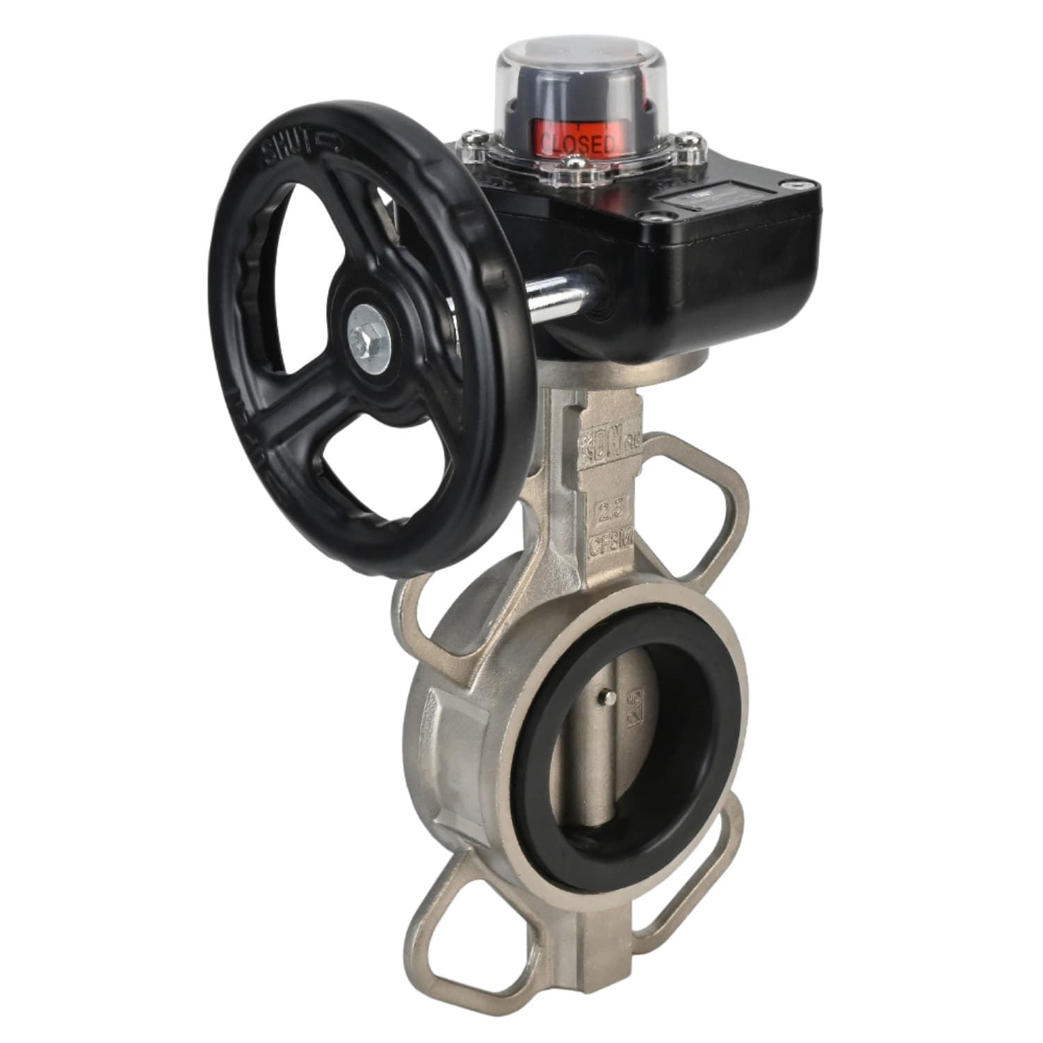 Затвор дисковый поворотный 316L-316L-VITON Ду150 Ру16 корпус и диск нержавеющая сталь 316L, уплотнение Viton, с редуктором HGB-1 с индикатором положения