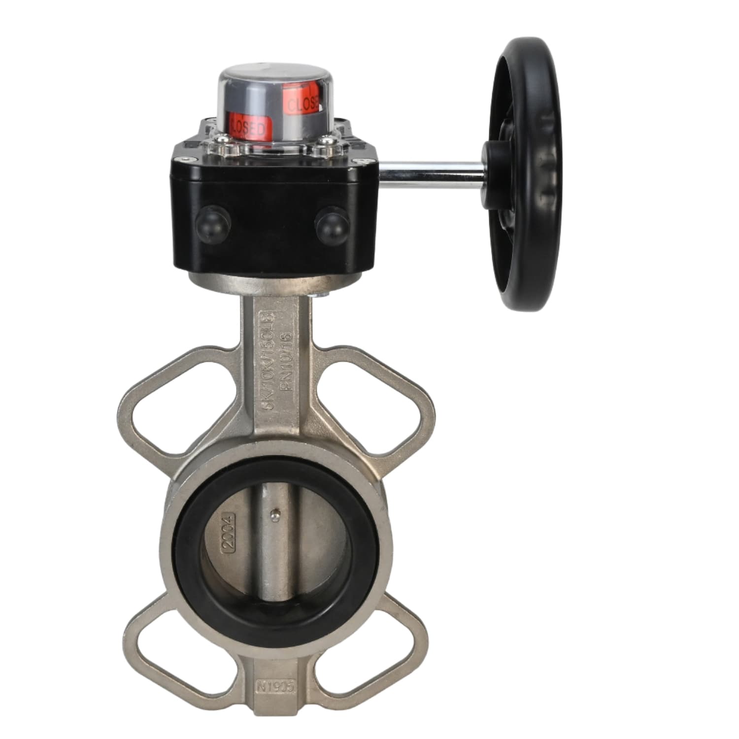 Затвор дисковый поворотный 316L-316L-VITON Ду150 Ру16 корпус и диск нержавеющая сталь 316L, уплотнение Viton, с редуктором HGB-1 с индикатором положения