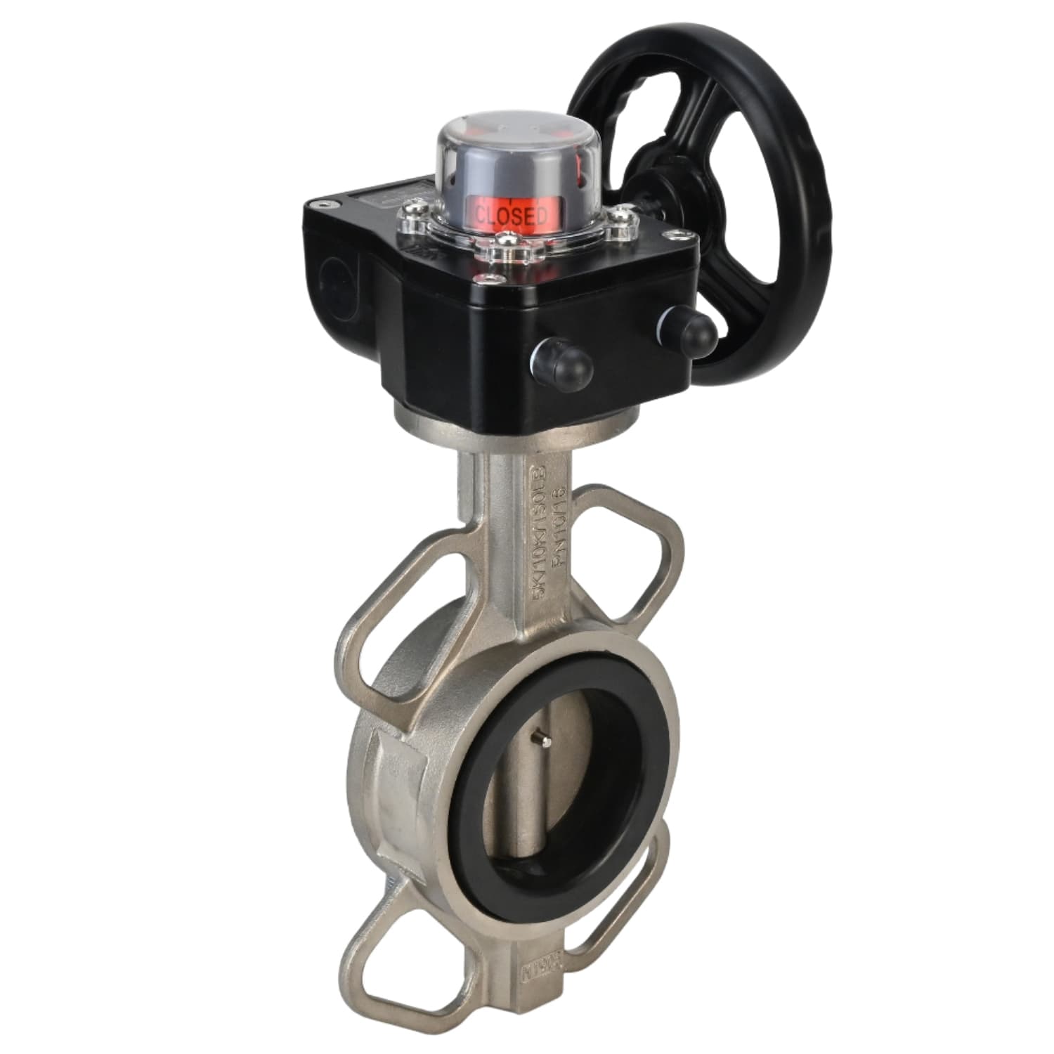 Затвор дисковый поворотный 316L-316L-VITON Ду150 Ру16 корпус и диск нержавеющая сталь 316L, уплотнение Viton, с редуктором HGB-1 с индикатором положения