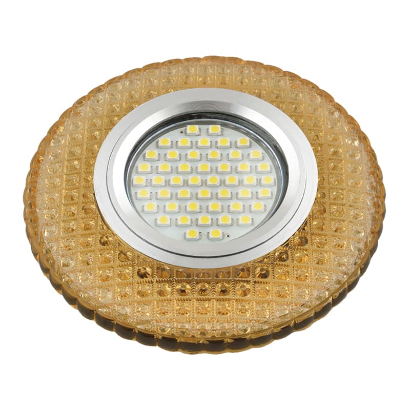 DLS-L135 GU5.3 GLASSY/GOLD Светильник декоративный встраиваемый, серия Luciole. Без лампы, цоколь GU5.3. Доп. светодиодная подсветка 3Вт. Стекло. Зеркальный/светло-желтый. ТМ Fametto