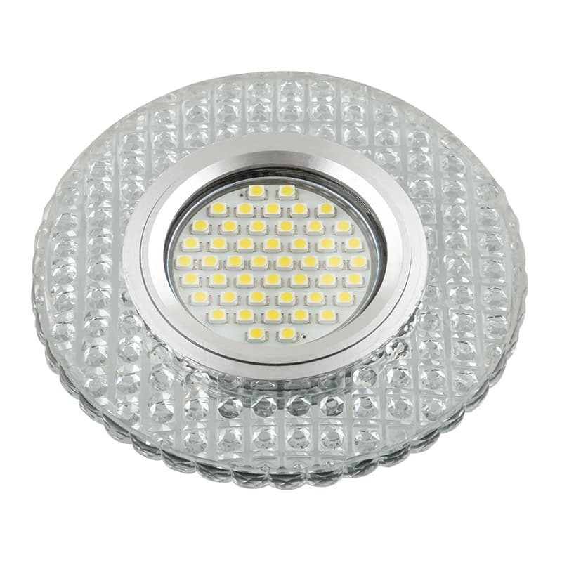 DLS-L143 GU5.3 GLASSY/CLEAR Светильник декоративный встраиваемый, серия Luciole. Без лампы, цоколь GU5.3. Доп. светодиодная подсветка 3Вт. Стекло. Зеркальный/прозрачный. ТМ Fametto