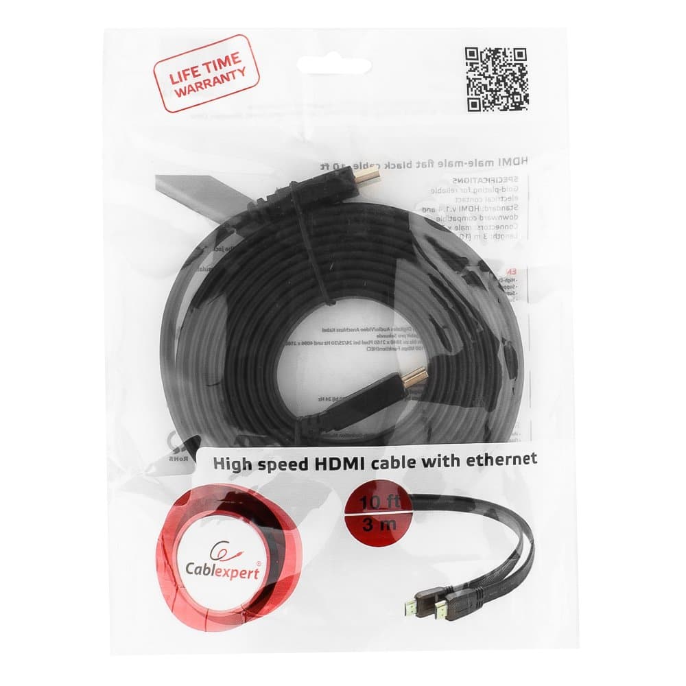 Кабель HDMI v2.0 19M на 19M, плоский, 3м., черный