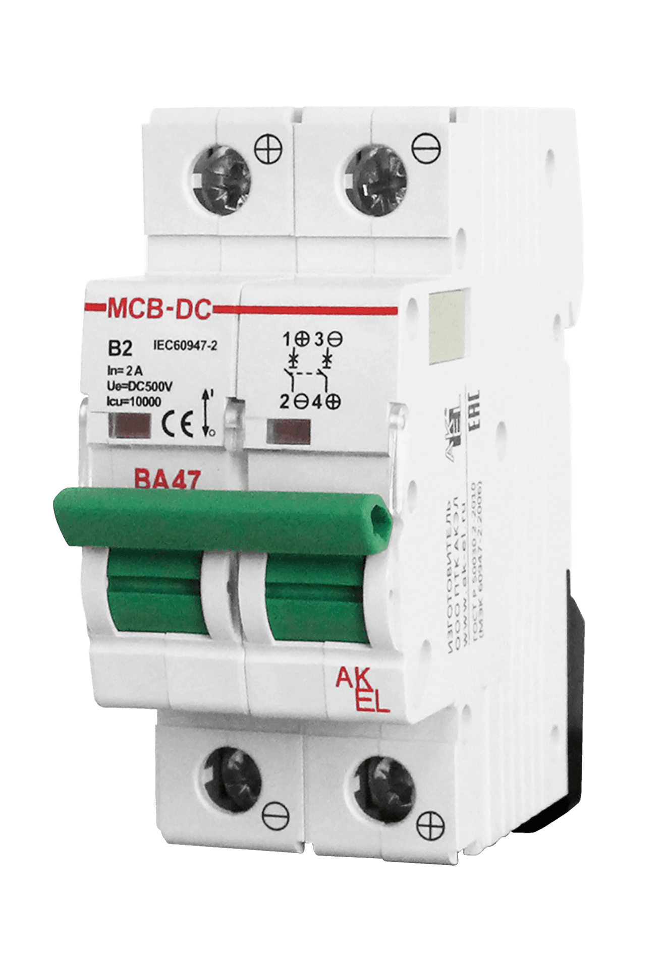 Выключатель автоматический ВА47-MCB-H-2P-C2-DC 2P/2A/C/500VDC/10кА