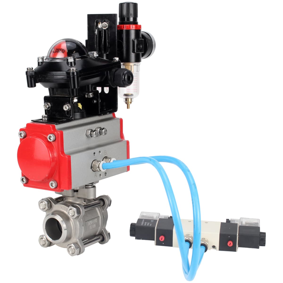 Кран шаровой КШПП 316.200-ISO Ду10 Ру63 полнопроходной двухходовой, корпус нержавеющая сталь SS316, под приварку, PTFE, пневмопривод SA-065, пневмораспределитель PND1-S2EM-52-2-T08-220VAC, БКВ LSB-210-02NM12-220/24 и БПВ APU1-10-40-V08