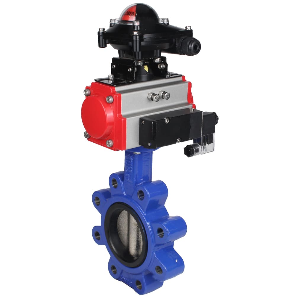 Затвор дисковый поворотный QT450-QT450-EPDM-2W-Fb-H Ду100 Ру16 корпус и диск чугун QT450, уплотнение EPDM, пневмопривод SA-130, пневмораспределитель PND2-S1EM-52-1NC-J08-24VDC и БКВ LSB-210-02NM12-220/24