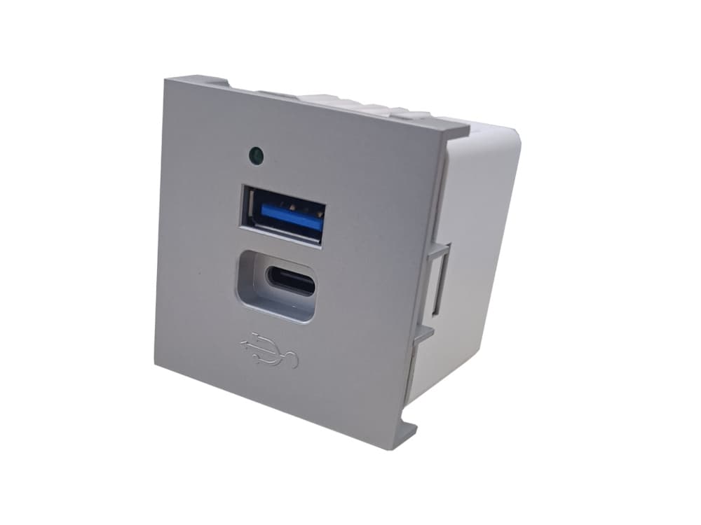 Зарядное устройство 2 х USB тип A/тип C, 20 Вт, 45 х 45 хм, серебристый