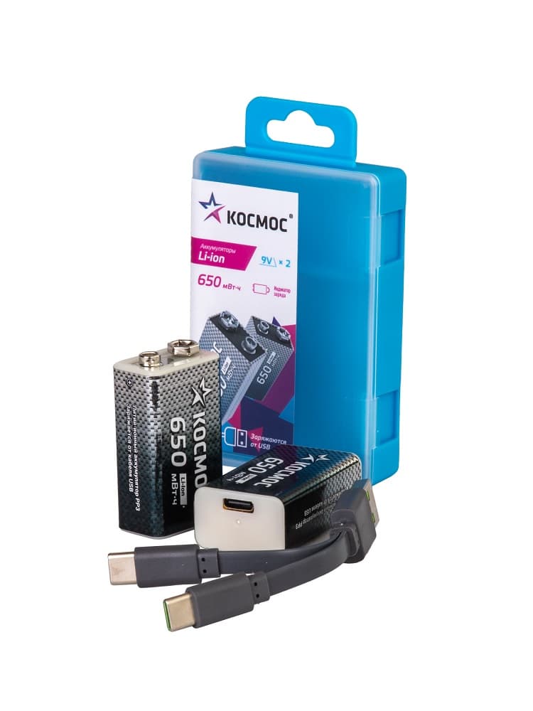 Аккумулятор 18650 Li-ion перезаряжаемый  9V Крона 500 мАч зарядка от USB Type-C с кабелем для быстрой зарядки упаковка 2 штуки