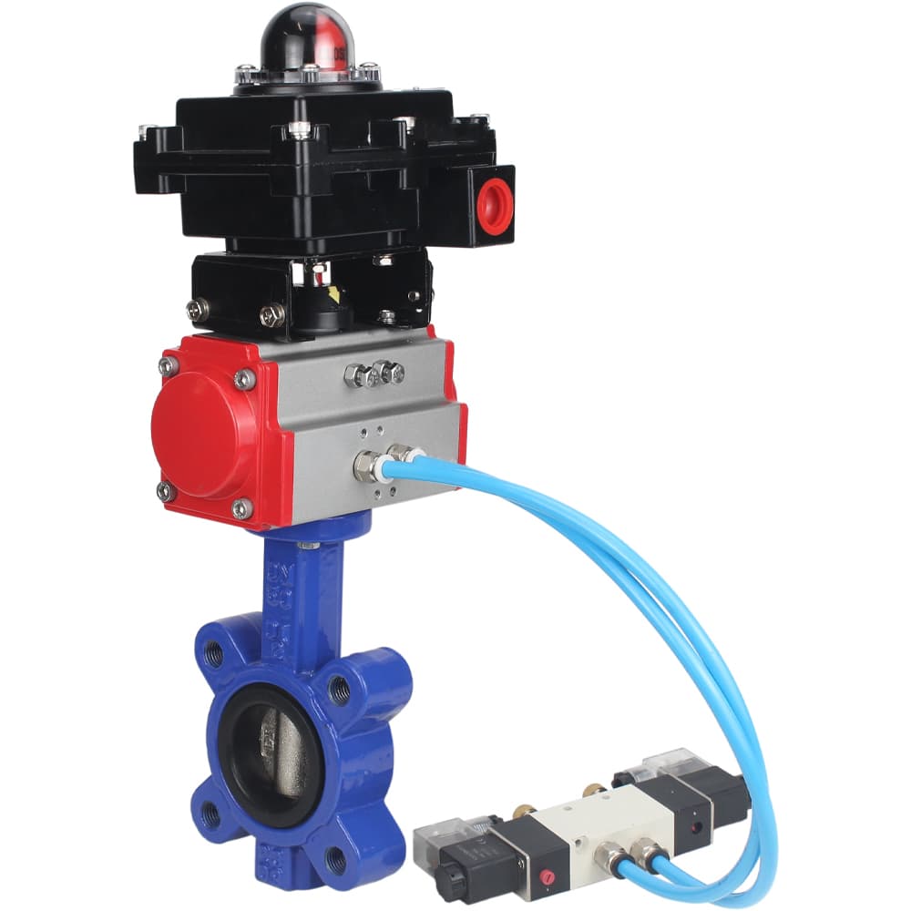 Затвор дисковый поворотный QT450-QT450-EPDM-2W-Fb-H Ду65 Ру16 корпус и диск чугун QT450, уплотнение EPDM, пневмопривод SA-105, пневмораспределитель PND1-S2EM-52-2-T10-220VAC и БКВ LSB-410-02ExM12-250