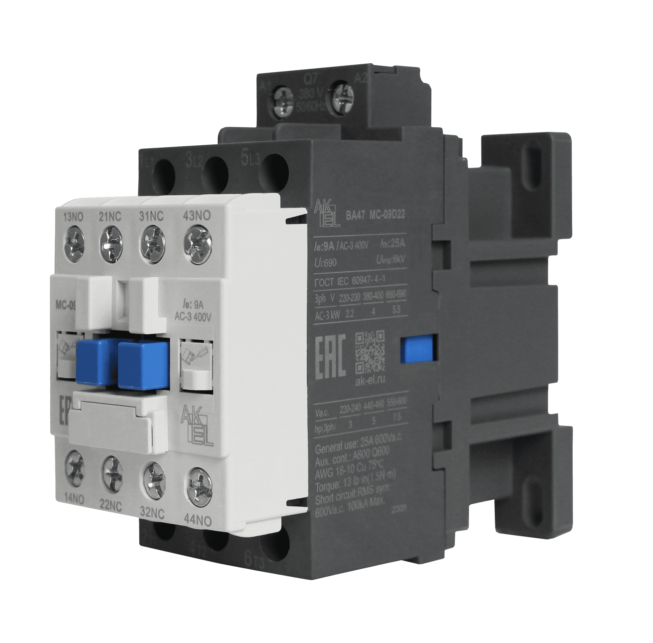 Контактор магнитный BA47 MC-09D22Q7 3P 2NO+2NC/9A/380VAC