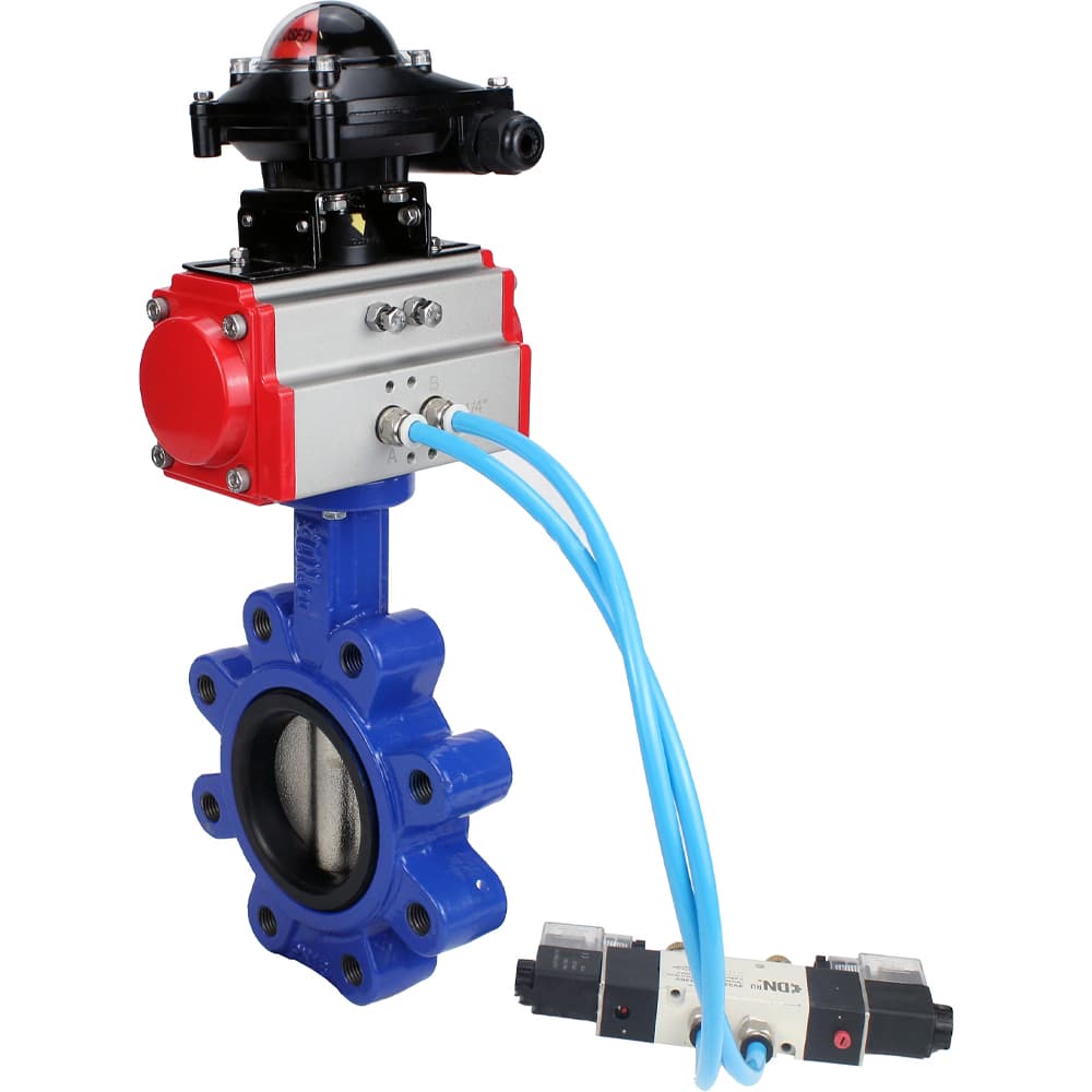 Затвор дисковый поворотный QT450-QT450-NBR-2W-Fb-H Ду80 Ру16 корпус и диск чугун QT450, уплотнение NBR, пневмопривод SA-105, пневмораспределитель PND1-S2EM-52-2-T10-220VAC и БКВ LSB-210-02NM12-220/24