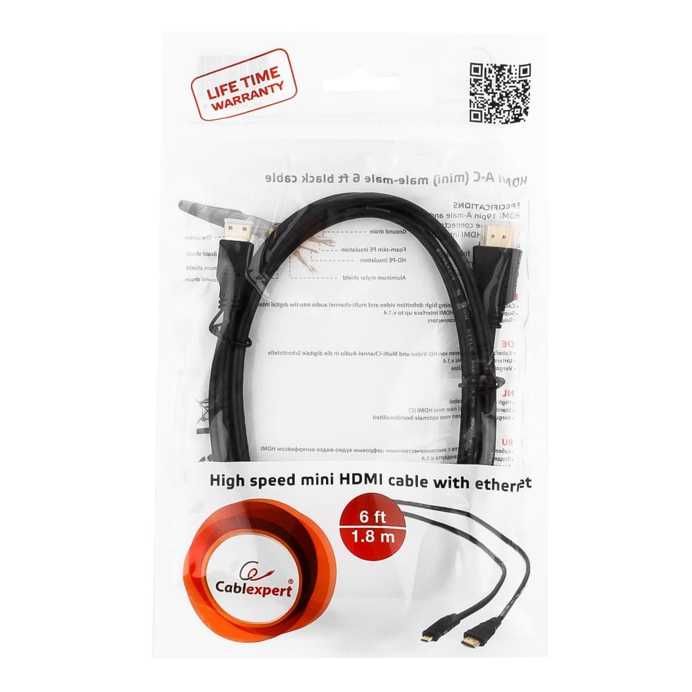 Кабель HDMI-miniHDMI v2.0 19M на 19M, 1.8м, черный