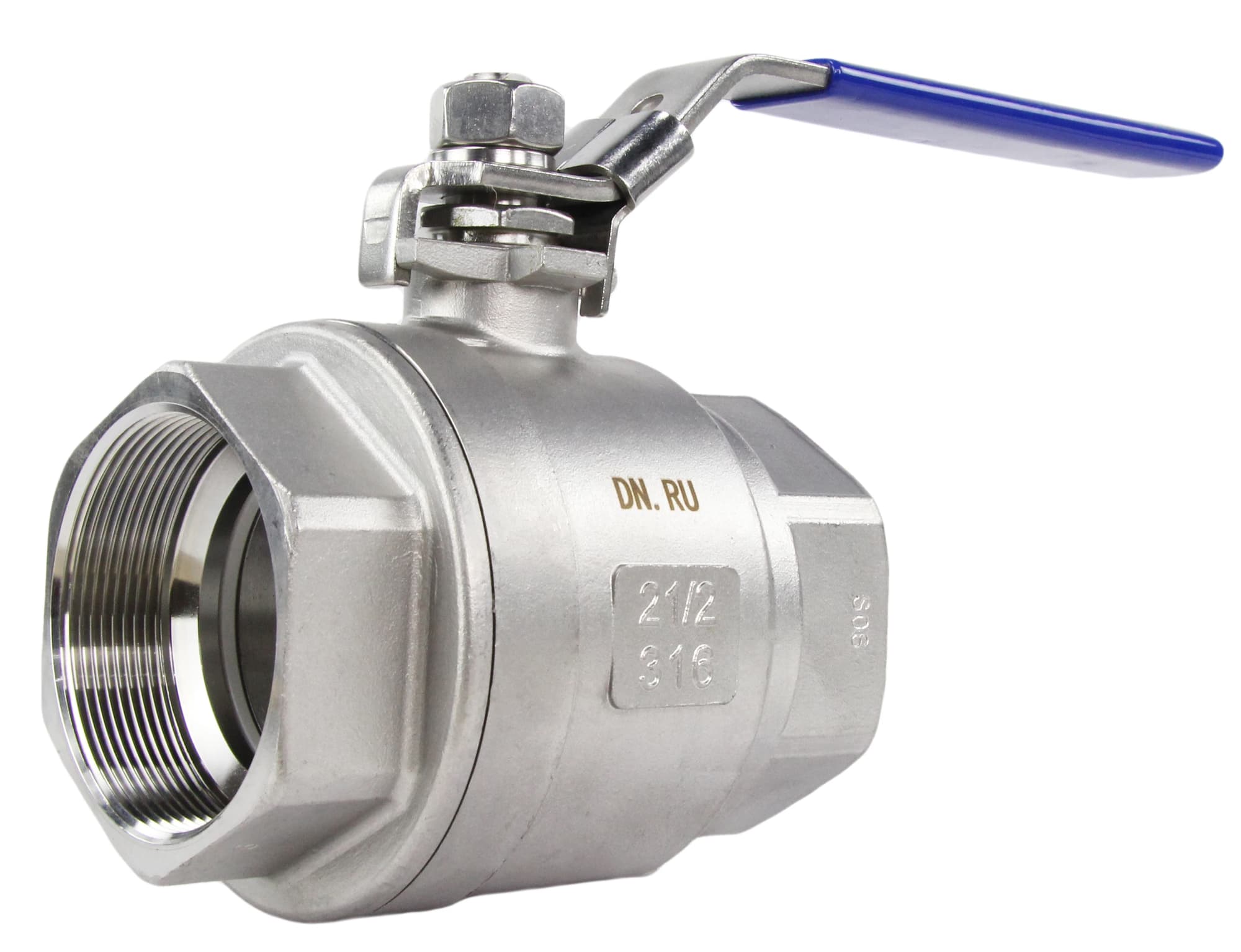 Кран шаровой КШМП.316.230 2 1/2'' Ду65 Ру40 полнопроходной двухходовой, нержавеющая сталь SS316, внутренняя резьба, уплотнение PTFE, ручка-рычаг