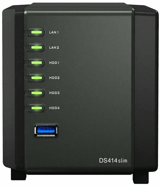 Сетевой накопитель DS414slim, 1 ядро, 1.2 ГГц, 512 МБ DDR3 ОЗУ, 4x2.5'' SATA