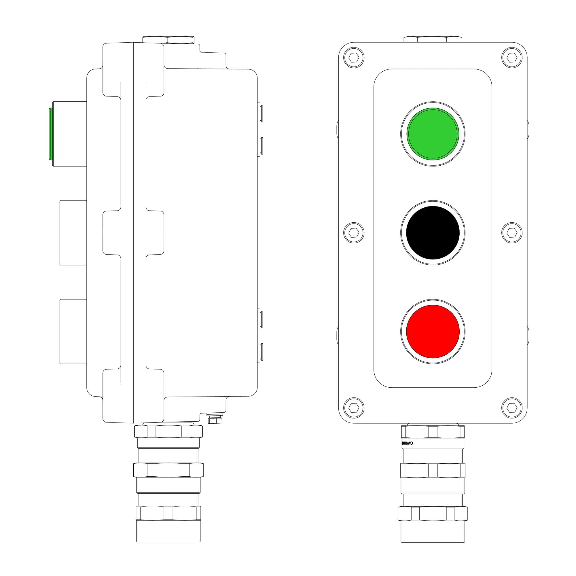 Пост управления взрывонепроницаемый из алюминия LCSD-03-B-MC-L1G(220)x1-P1B(11)x1-P1R(11)x1-PCMB-KA3MHK