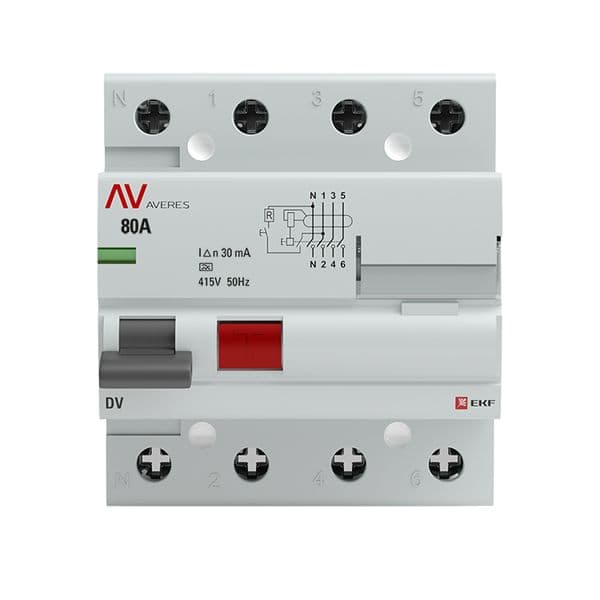 Устройство защитного отключения DV 4P 80А/ 30мА (A) AVERES