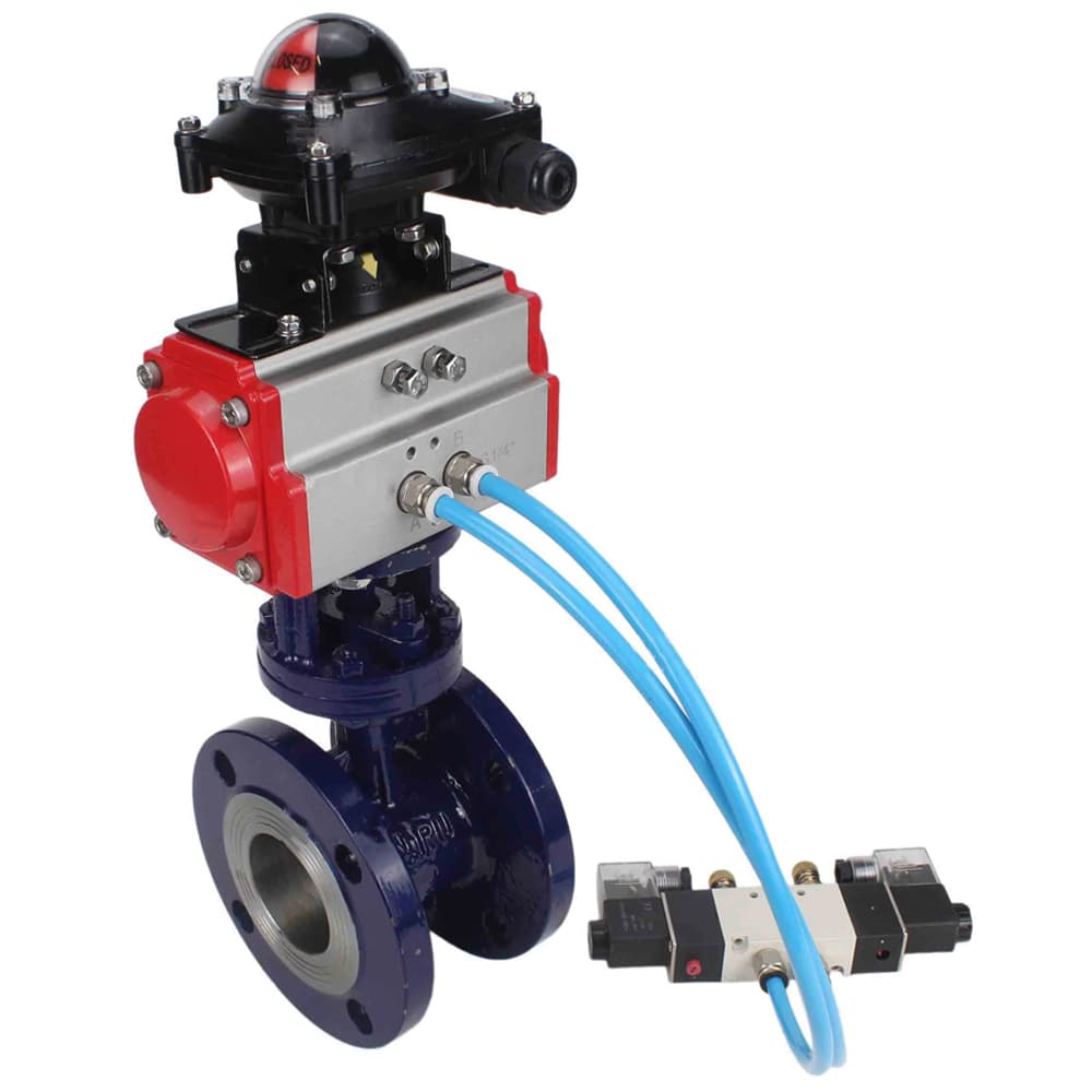 Затвор дисковый с тройным эксцентриситетом WCB-304-M-F-ISO Ду65 Ру25 фланцевый, корпус углеродистая сталь WCB, диск нержавеющая сталь 304, METAL, пневмопривод SA-130, пневмораспределитель PND1-S2EM-52-2-T08-220VAC и БКВ LSB-210-02NM12-220/24