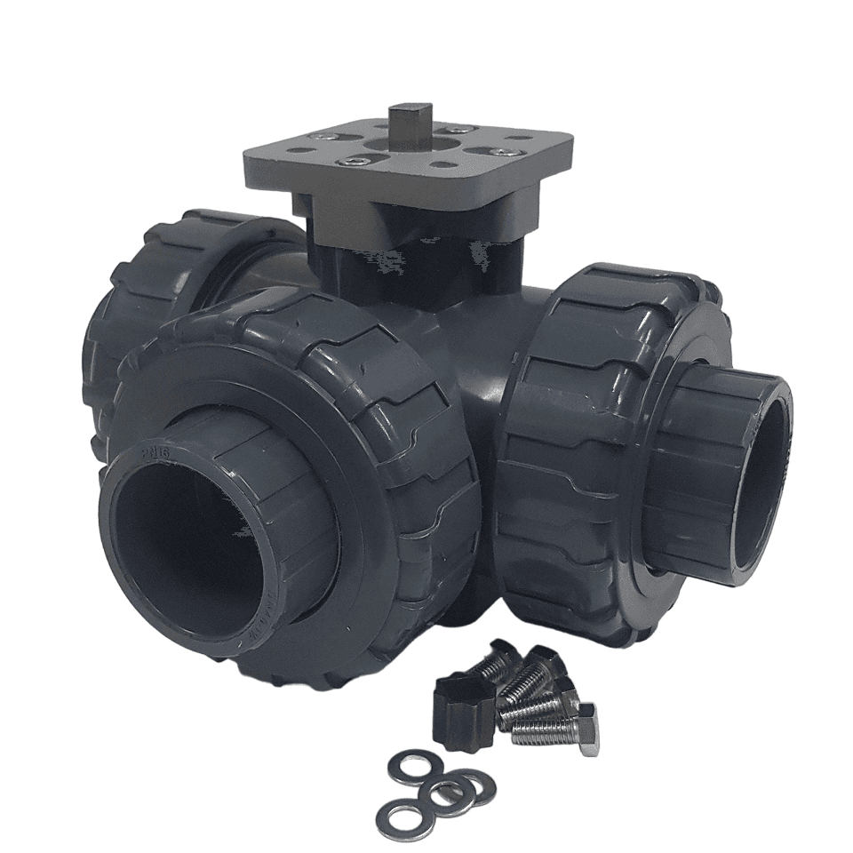 TECHNO 3050L-PVC трехходовой шаровой кран ПВХ под привод DN50, рабоч. темп. -10~50°C