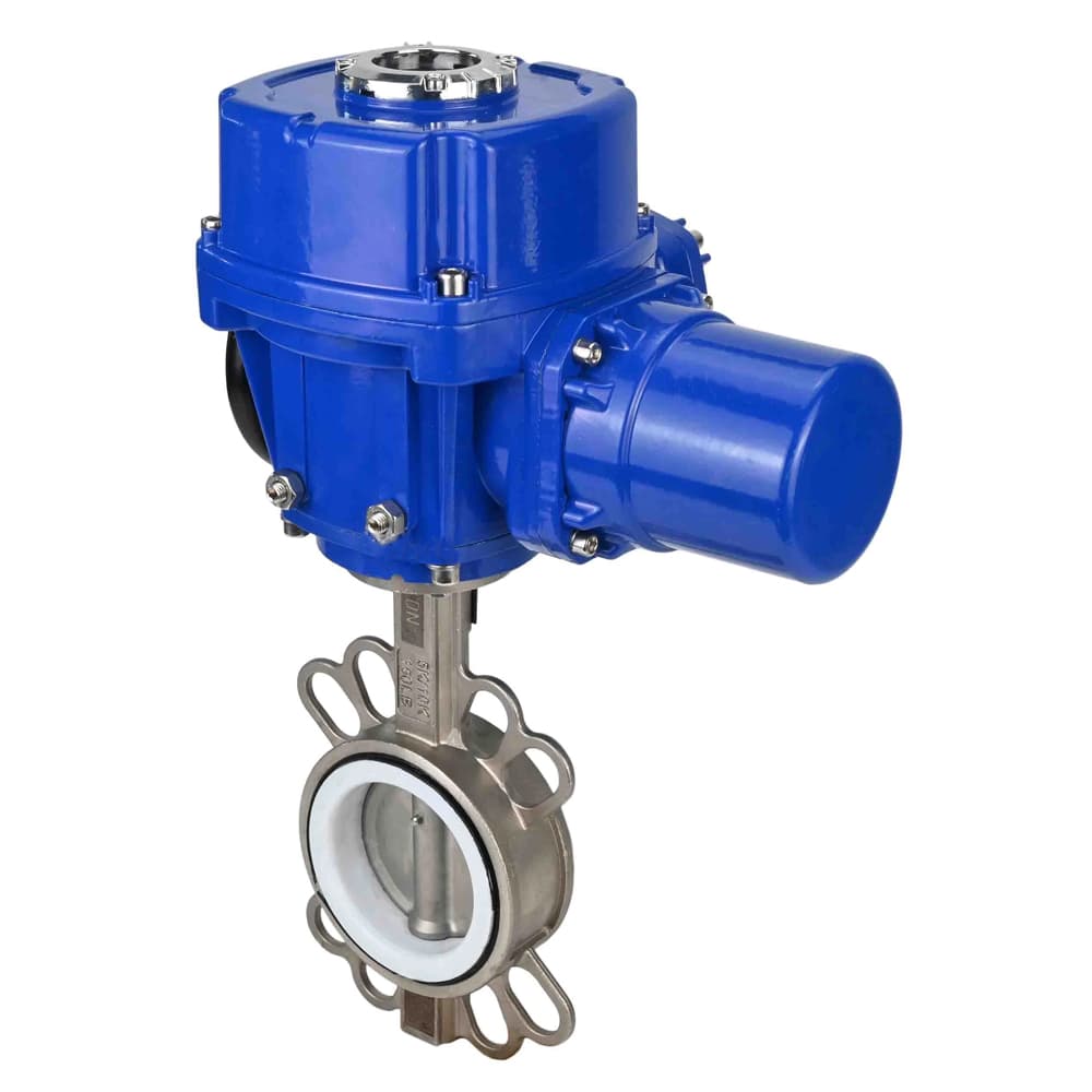 Затвор дисковый поворотный 316L-316L-PTFE Ду100 Ру16, корпус и диск нержавеющая сталь 316L, уплотнение PTFE, с 1/4-оборотным электроприводом QT-W (M)-010 220В