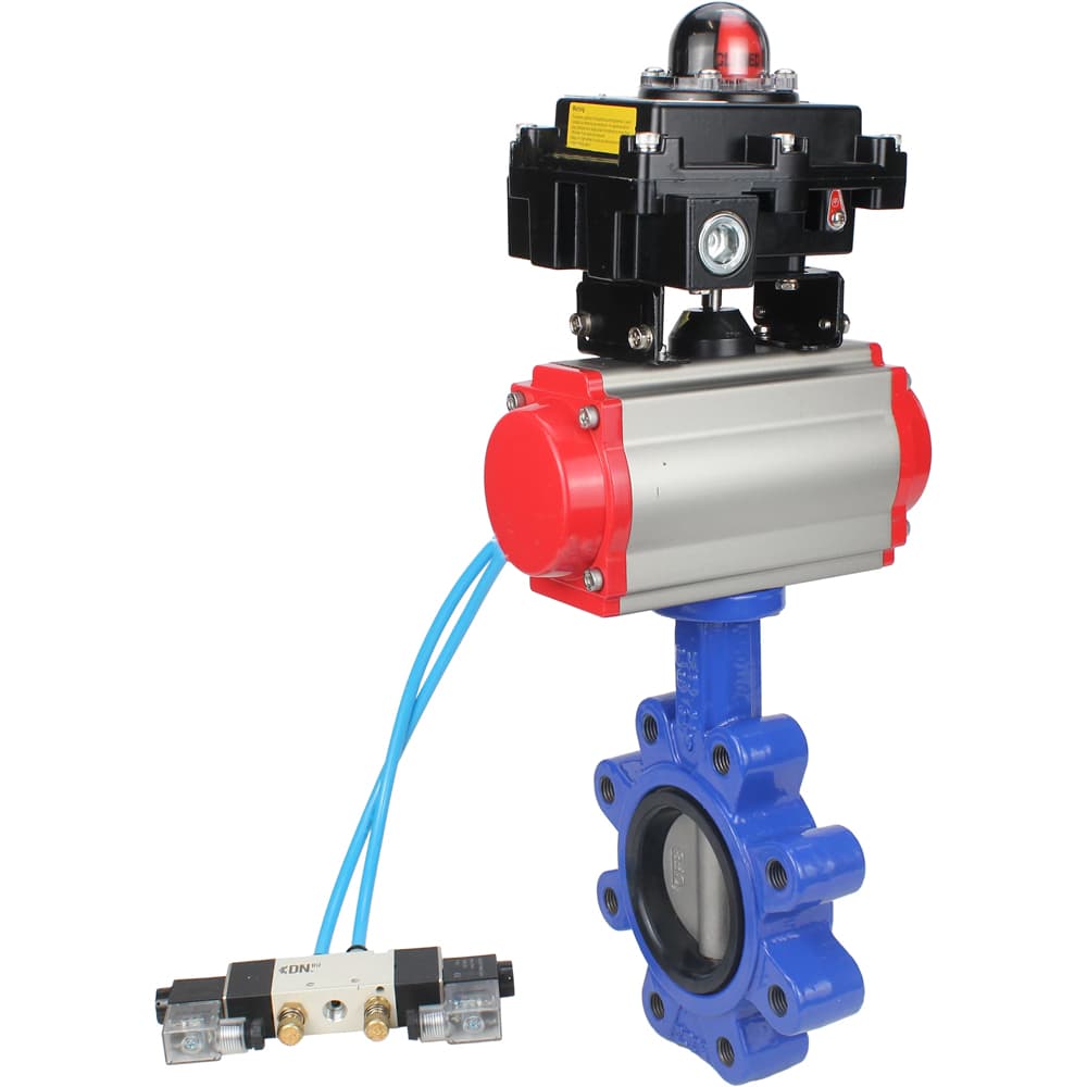 Затвор дисковый поворотный QT450-304-NBR-2W-Fb-H Ду150 Ру16 корпус чугун QT450, диск нержавеющая сталь 304, уплотнение NBR, с пневмоприводом DA-105, пневмораспределителем PND1-S2EM-52-2-T10-220VAC и БКВ LSB-410-02ExM12-250