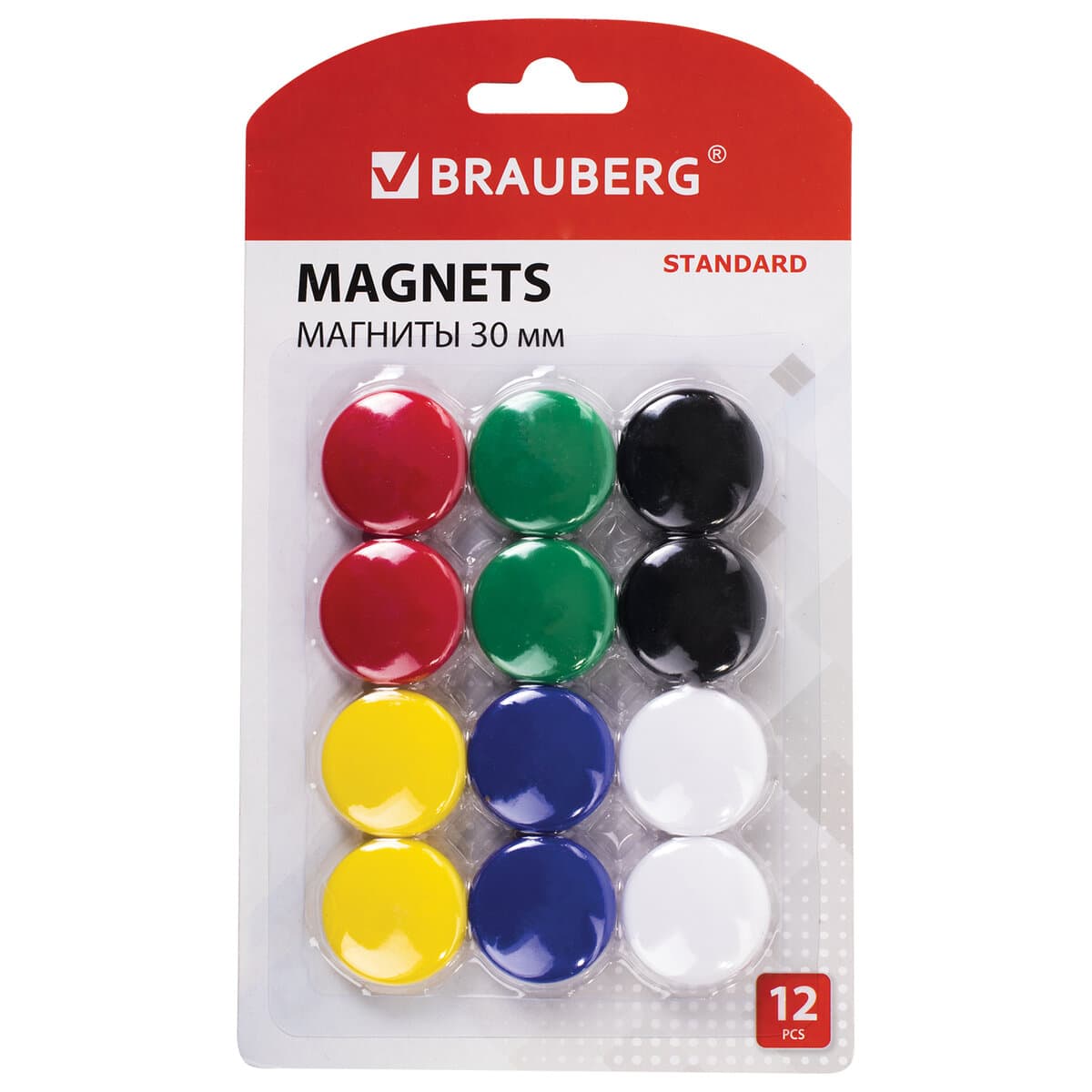 Магниты BRAUBERG STANDARD 30 мм, НАБОР 12 шт, ассорти, 237472