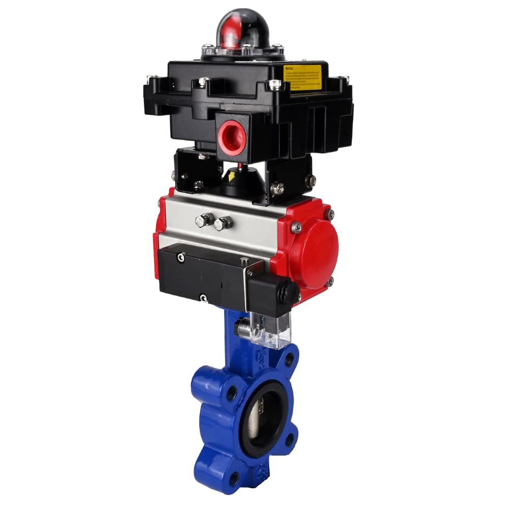 Затвор дисковый поворотный QT450-QT450-NBR-2W-Fb-H Ду50 Ру16 корпус чугун QT450, диск чугун QT450, уплотнение NBR, с пневмоприводом DA-065, пневмораспределителем PND2-S1EM-52-1NC-J08-220VAC и БКВ LSB-410-02ExM12-250