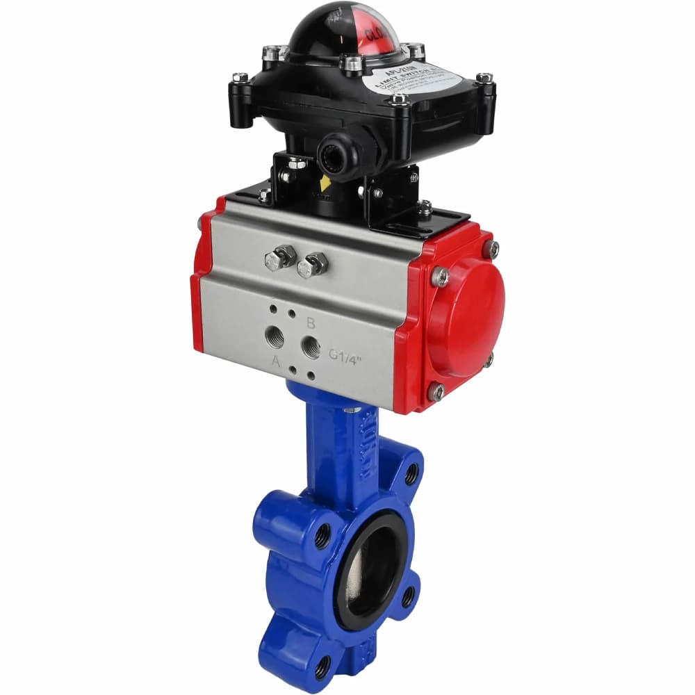 Затвор дисковый поворотный QT450-QT450-NBR-2W-Fb-H Ду80 Ру16 корпус чугун QT450, диск чугун QT450, уплотнение NBR, с пневмоприводом DA-083 и БКВ LSB-210-02NM12-220/24