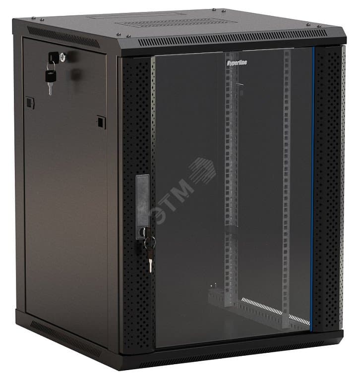 Шкаф настенный 19-дюймовый (19') 15U 775x600х450мм стеклянная дверь с перфорацией по бокам ручка с замком цвет черный (RAL 9004) (разобранный)