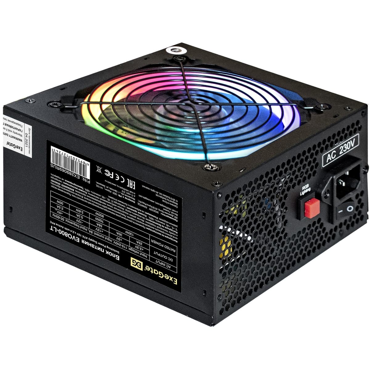 Блок питания 800W, ATX, APFC, SC, 80 PLUS, RGB fan 12 см, 24pin, 2x(4+4)pin, 2xPCI-E, 6xSATA, 3xIDE