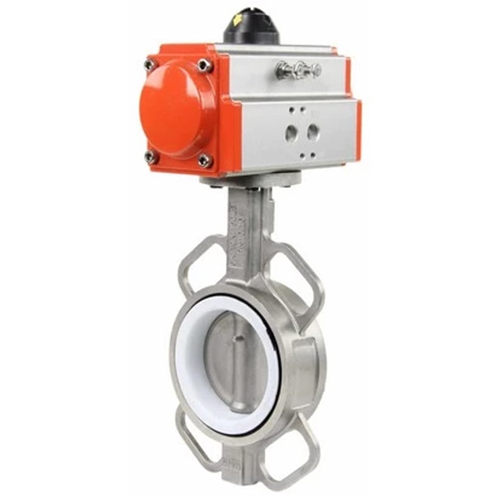 Затвор дисковый поворотный 316L-316L-PTFE Ду125 Ру16, корпус и диск нержавеющая сталь 316L, уплотнение PTFE, с пневмоприводом PA-SA-140-10 с возвратными пружинами