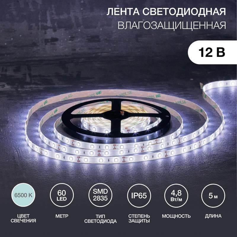 Лента светодиодная 4.8Вт/м 12В 6500K IP65 LEDx60/м 5м SMD2835