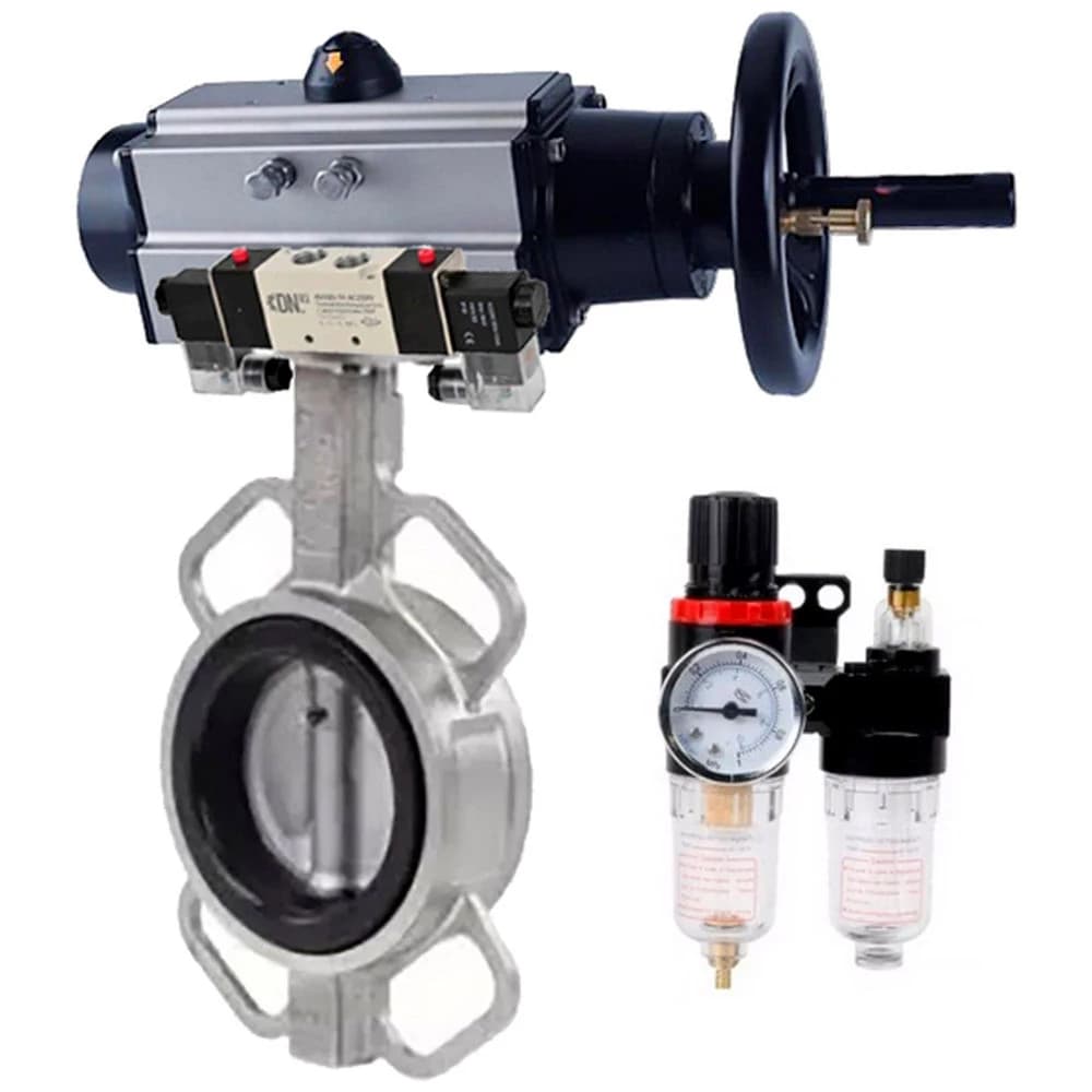 Затвор дисковый поворотный 304-304-VITON-2W-Fb Ду125 Ру16, корпус нержавеющая сталь 304, диск нержавеющая сталь 304, VITON, с пневмоприводом DA-105-1, с пневмораспределителем PND1-S2EM-52-2-T08-220VAC, БПВ APU1-10-40-V08