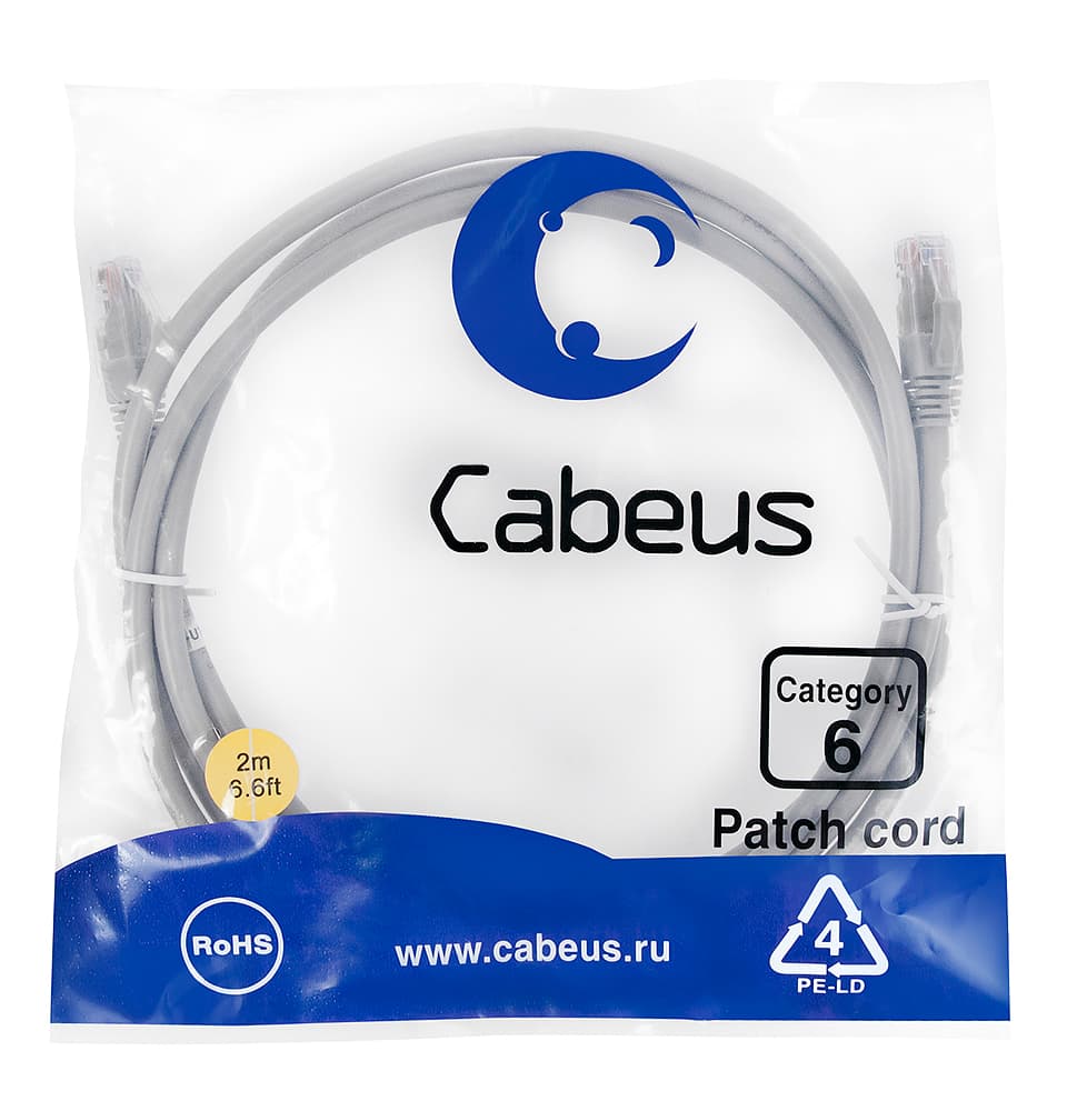 Патч-корд U/UTP, категория 6, 2xRJ45/8p8c, неэкранированный, серый, PVC, 2м