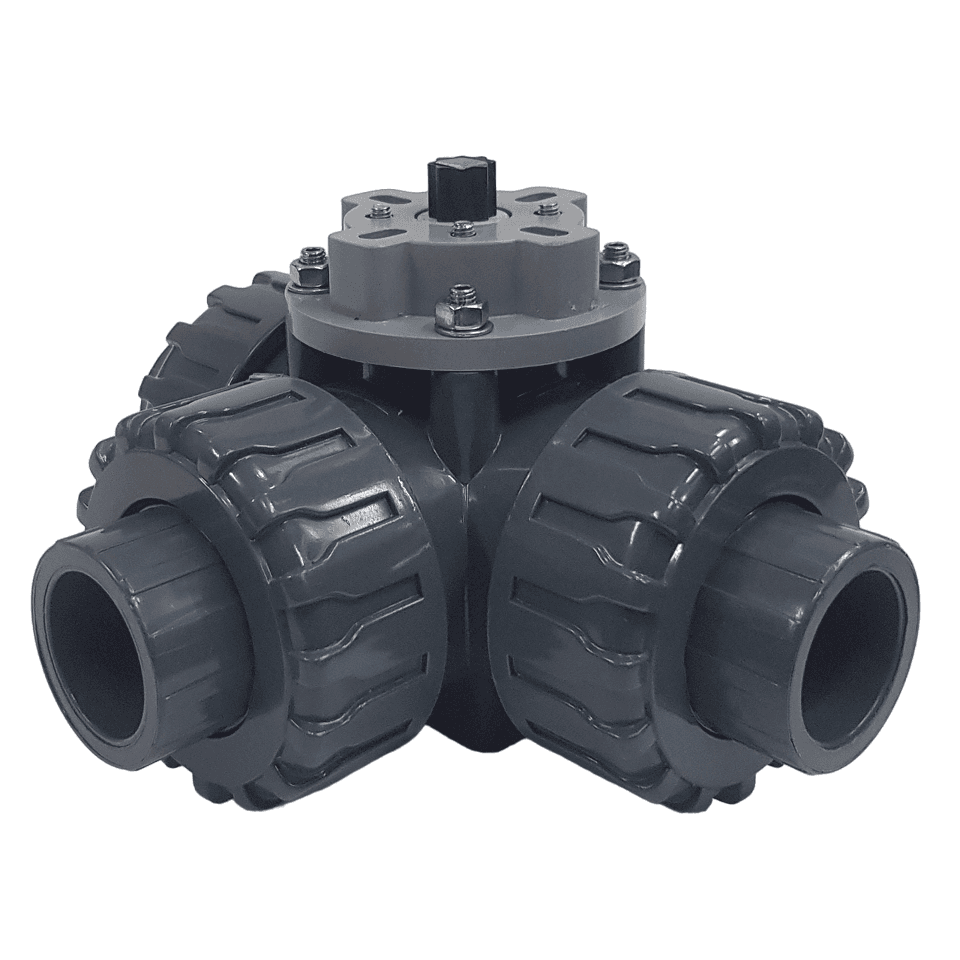TECHNO 3025T-PVC трехходовой шаровой кран ПВХ под привод DN25, рабоч. темп. -10~50°C