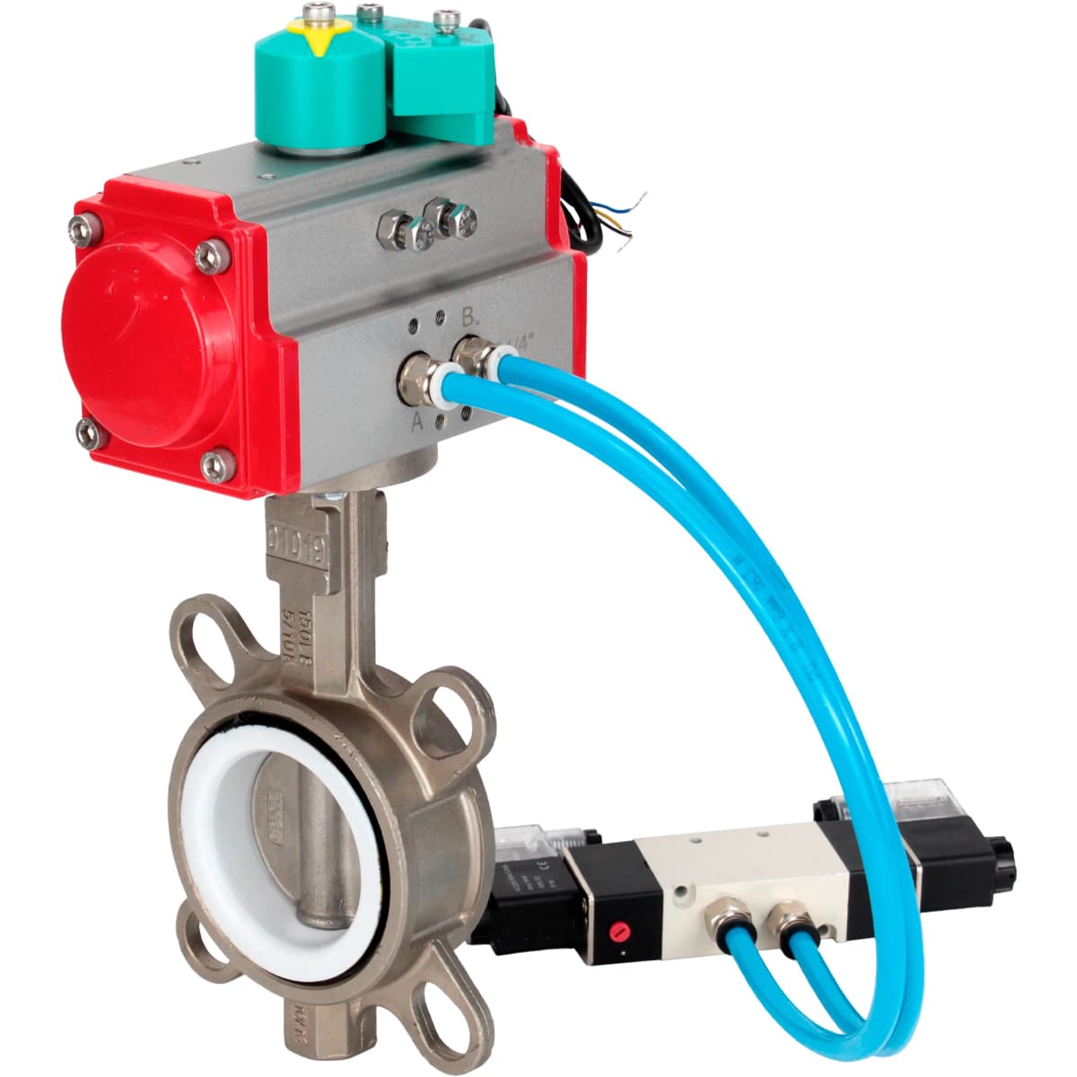 Затвор дисковый поворотный 316L-316L-PTFE Ду65 Ру16 корпус нерж. сталь 316L, диск нерж. сталь 316L, уплотнение PTFE, с пн.приводом DA-083, пн.распределителем PND1-S2EM-52-2-T08-220VAC и магнитным переключателем МППП-200