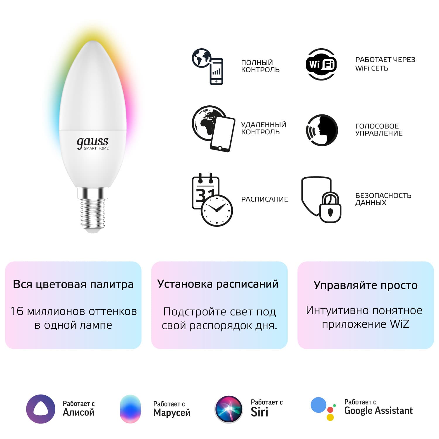 Лампа светодиодная умная SMD LED 5 Вт 470 лм RGBW E14 AC 220В IP20 RGBW изменение цветовой температуры и диммирование управление по Wi-Fi Smart Home