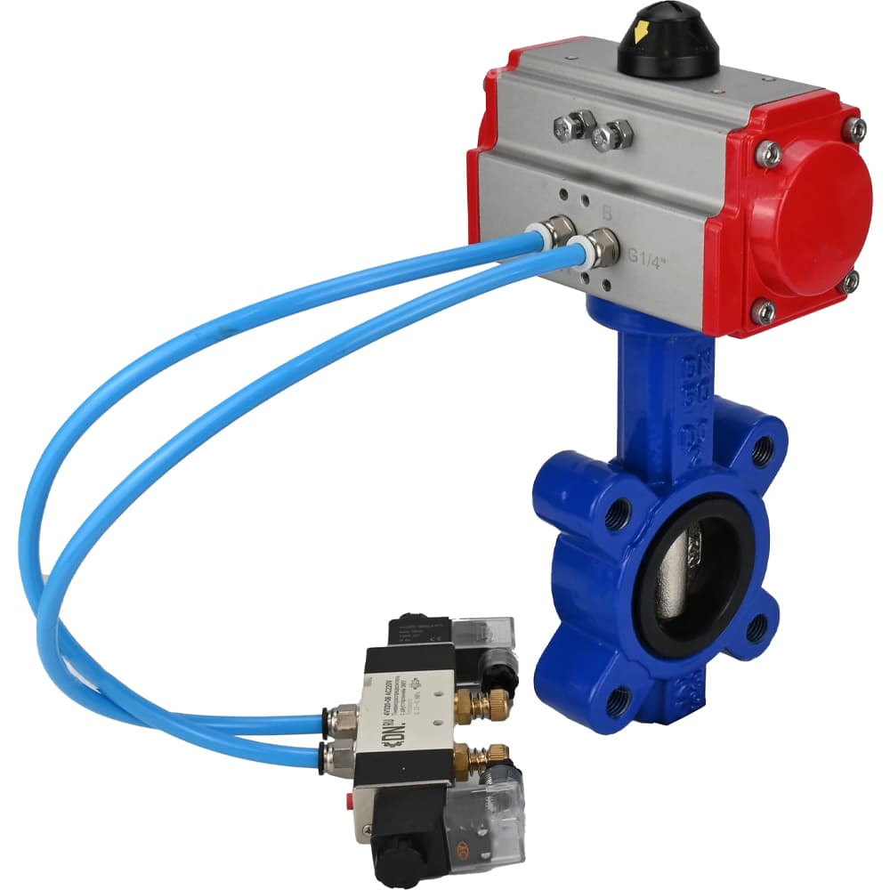 Затвор дисковый поворотный QT450-304-EPDM-2W-Fb-H Ду65 Ру16 корпус чугун QT450, диск нержавеющая сталь 304, уплотнение EPDM, с пневмоприводом DA-065 и пневмораспределителем PND1-S2EM-52-2-T10-220VAC
