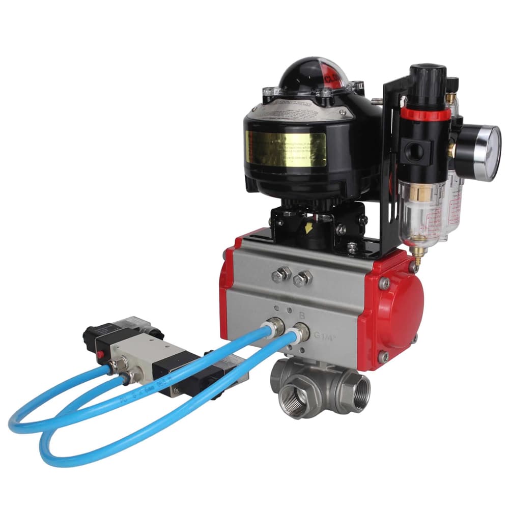 Кран шаровой RP.SS316.200.MM 1 1/4'' Ду32 Ру63 стандартнопроходной трехходовой L-тип, нержавеющая сталь, внутренняя резьба, PTFE, пневмопривод SA-065 пневмораспределитель PND1-S2EM-52-2-T08-220VAC БПВ APU1-10-40-V08 БКВ LSB-510-02ExM12-250