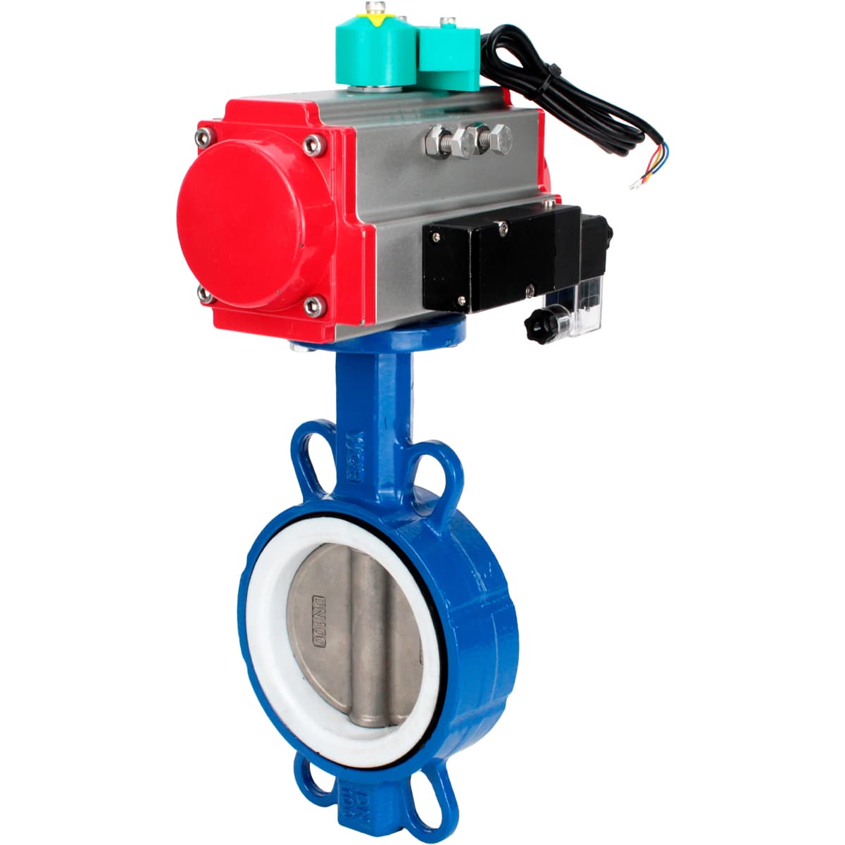 Затвор дисковый поворотный WCB-316L-PTFE Ду40 Ру16 корпус углеродистая сталь WCB, диск нерж. сталь 316L, уплотнение PTFE, с пн.приводом DA-083, пн.распределителем PND2-S1EM-52-1NC-J08-220VAC и магнитным переключателем МППП-200