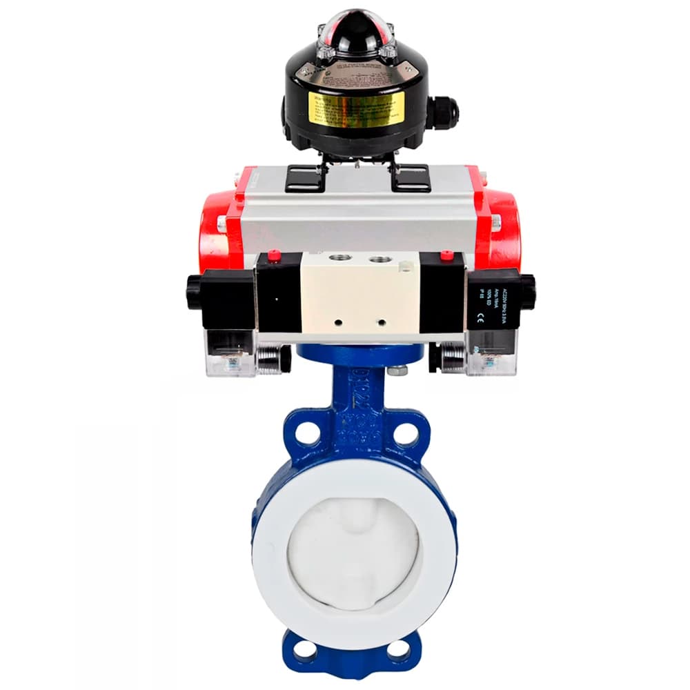 Затвор дисковый WCB-WCB-PTFE-PTFE-Fb-R Ду250 Ру16 корпус углеродистая сталь WCB, диск углеродистая сталь WCB, футерованный PTFE, уплотнение PTFE, пневмопривод SA-160, пневмораспределителем PND1-S2EM-52-2-T08-220VAC и БКВ LSB-510-02ExM12-250
