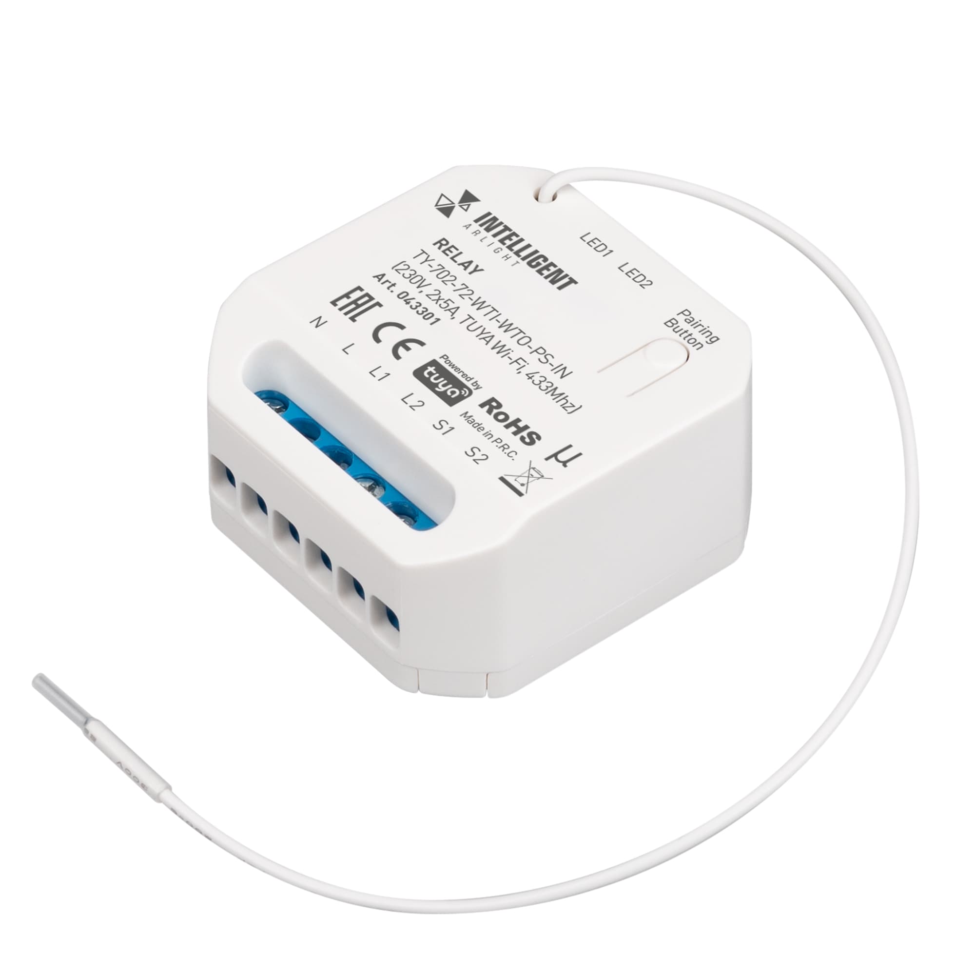 Модуль релейный INTELLIGENT ARLIGHT TY-702-72-WTI-WTO-PS-IN (230V, 2x5A, TUYA Wi-Fi, 433Mhz) (IARL, IP20 пластик, 3 года)