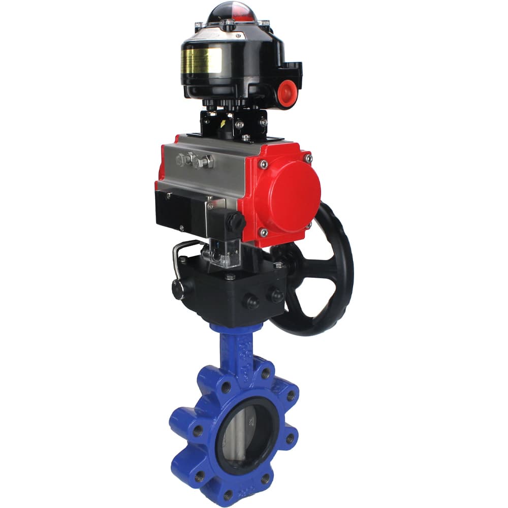 Затвор дисковый поворотный QT450-304-NBR-2W-Fb-H Ду150 Ру16 чугун QT450, диск нержавеющая сталь 304, уплотнение NBR, пневмопривод DA-105, пневмораспределитель PND2-S1EM-52-1NC-J08-220VAC, БКВ LSB-510-02ExM12-250, редуктор HDM-3