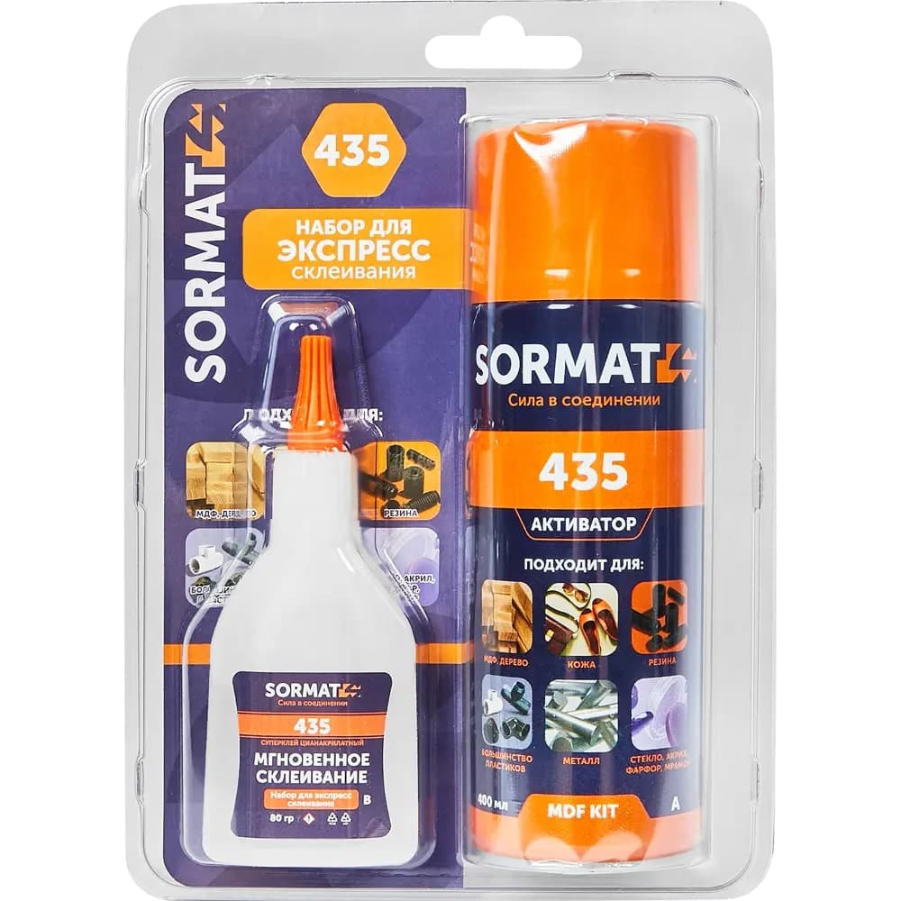 Набор универсальный супер-клей Sormat MDF Kit клей80 г. + активатор 400 мл.